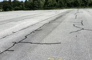 Parking lot showing areas where cracks in the asphalt pavement have been filled