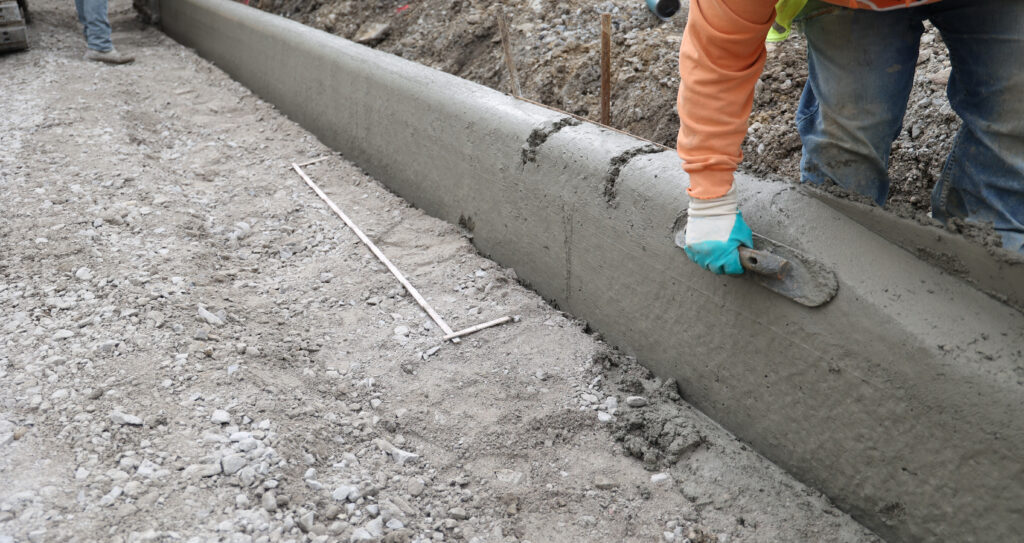 Worker using a tool to smooth fresh concrete paving and concrete curbing.