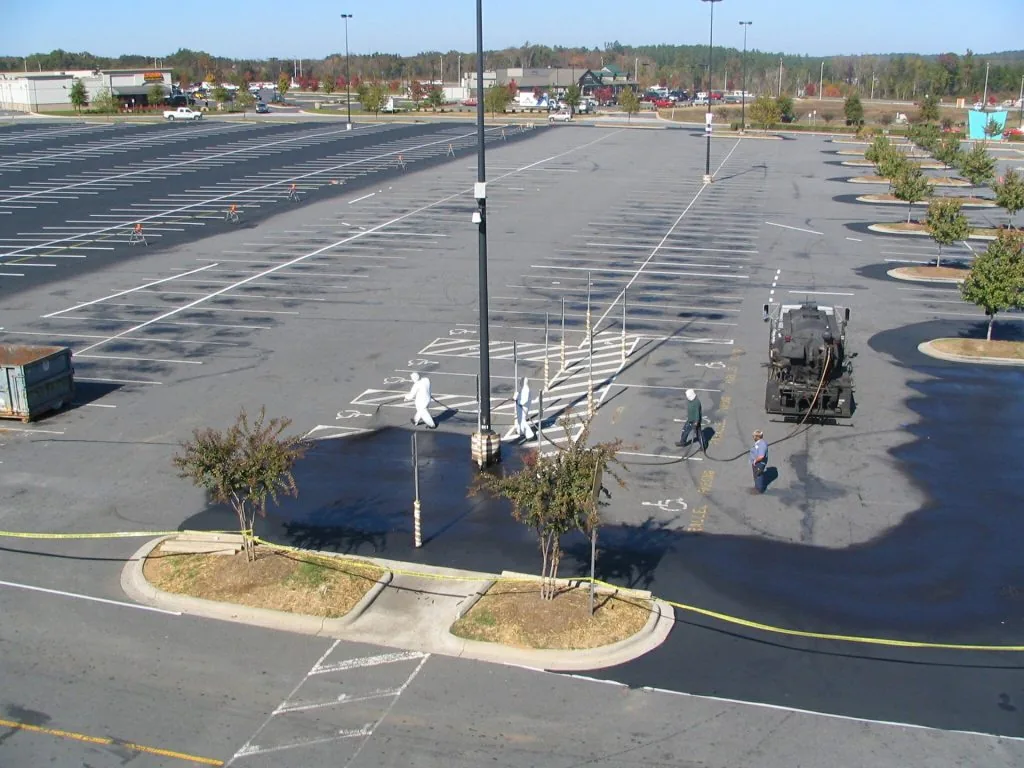 parking lot sealcoating project in process in columbia, south carolina