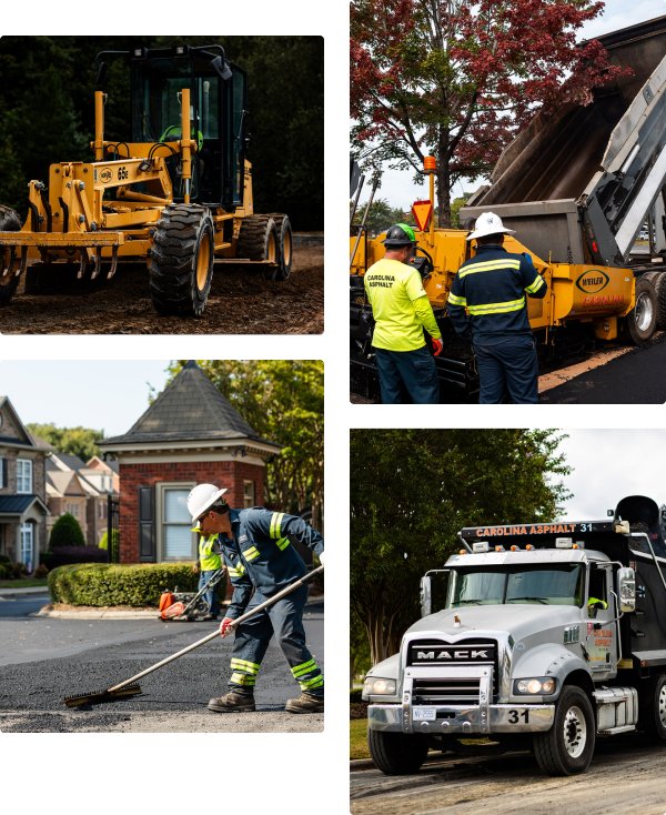 collage of photos from carolina asphalt consisting of machines and workers and a truck