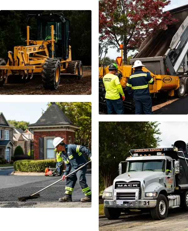 grid photo with 4 photos, top left is a paving machine, top right is two paving employees with a large dump truck, bottom left is a worker applying asphalt sealcoating, and bottom right is front view of a truck with the carolina asphalt logo on it