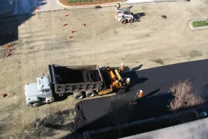Aerial view of Carolina Asphalt truck on job site