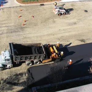 Aerial view of Carolina Asphalt truck on job site