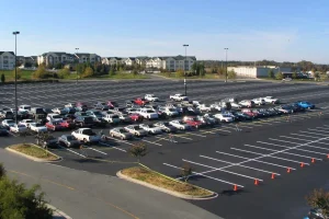 Aerial view of parking lot with freshly painted lines from Carolina Asphalt
